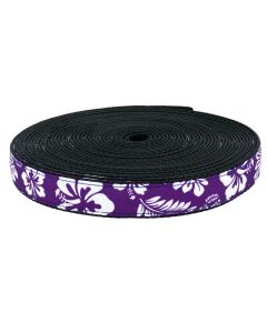 Purple grosgrain ribbon with Hawaiian florals printed on it sewn onto black nylon webbing