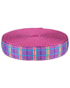 Purple grosgrain ribbon with pink, blue and yellow lines creating a plaid pattern sewn onto rose colored nylon webbing