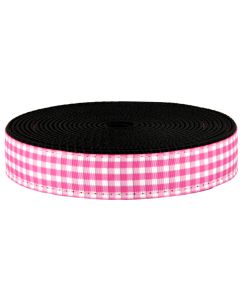 Pink and white gingham check pattern printed on sturdy black webbing, finished with contrast stitching for a clean, classic look.