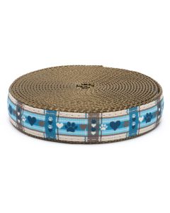 Grosgrain ribbon with brown and blue plaid with paw prints and hearts printed on it sewn onto coyote tan nylon webbing