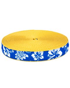 Royal blue grosgrain ribbon with white Hawaiian florals printed on it sewn onto gold colored nylon webbing