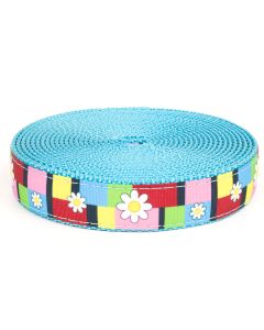 Multi colored grosgrain ribbon with daisies printed on it sewn onto ice blue nylon webbing