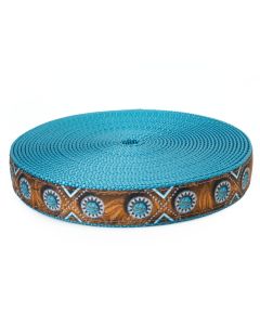 Brown grosgrain ribbon with fake sapphires and gems printed onto it sewn onto ice blue nylon webbing