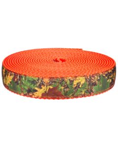 Hunting camo grosgrain ribbon sewn onto hot orange nylon webbing