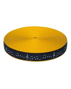Black grosgrain ribbon with musical bars and notes printed on it sewn onto gold colored nylon webbing
