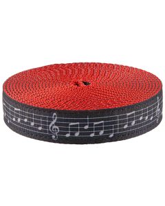 Black grosgrain ribbon with musical bars and notes printed on it sewn onto red nylon webbing