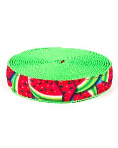 Grosgrain ribbon with watermelon slices printed onto it sewn onto hot green nylon webbing