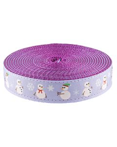 Periwinkle grosgrain ribbon with snowmen in winter attire and snowflakes printed on it sewn onto purple nylon webbing