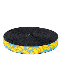 Blue grosgrain ribbons with softballs printed onto it sewn only black nylon webbing