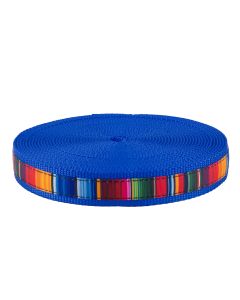 Grosgrain ribbon with a multi colored serape pattern printed onto it sewn onto bright royal blue nylon webbing