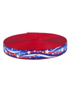 The pattern showcases white stars of varying sizes scattered across flowing, wavy stripes in red, blue, and white.