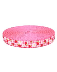 Nylon webbing featuring a pink gingham pattern with red strawberries and white daisy accents