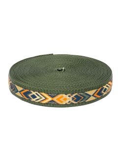 Blue, orange and cream arrows printed on grosgrain ribbon sewn onto dark olive nylon webbing