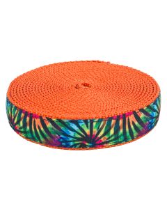 A tie dye grosgrain ribbon with zebra stripes printed over it sewn onto orange nylon webbing