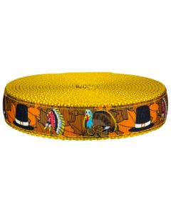 Grosgrain ribbon with fall leaves, turkeys, pilgrim hats and head dresses printed on it sewn onto gold nylon webbing