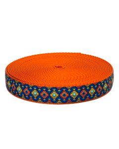 Aztec style grosgrain ribbon sewn onto orange nylon webbing