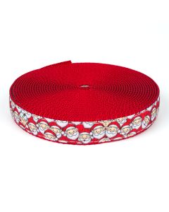 Grosgrain ribbon with Santa and Mrs Claus printed on it sewn onto red nylon webbing