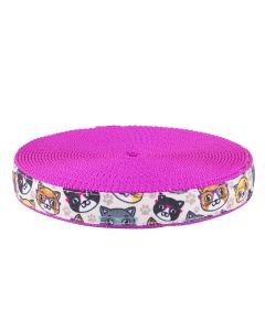 Cats wearing glasses printed on ribbon sewn onto fuchsia nylon webbing