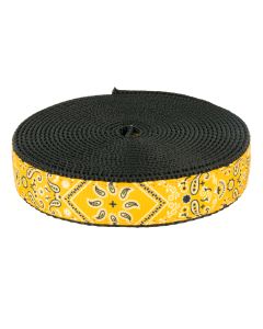Yellow grosgrain ribbon with a bandana pattern printed onto it sewn onto black nylon webbing