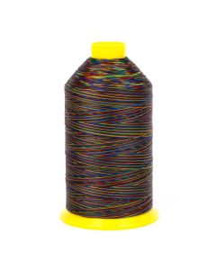 A spool of multi-colored rainbow thread