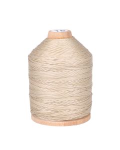 A wooden spool with beige polyester thread on it