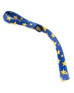 A winch hook pull strap made with blue webbing with gold stars printed on it