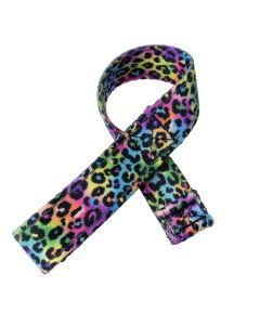 The pull strap is made from a soft, textured fabric featuring a vibrant rainbow leopard print pattern. It is sewn into a looped shape, with one end folded over and securely stitched to create a reinforced tab.