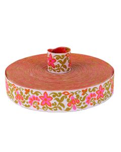 White background with green leaves, along with pink flowers