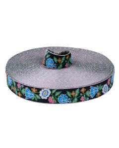 1 Inch Wide Blue Retro Flowers Woven Jacquard Braid Ribbon - Various Lengths Available