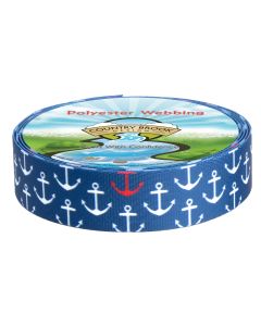Roll of blue webbing with white and red anchors printed on it