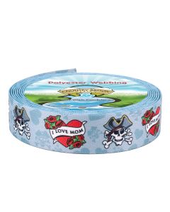 Tattoo-style design features a skull, crossbones, red roses, and an "I Love Mom" heart on a cool steel-blue background with a sweet heart pattern