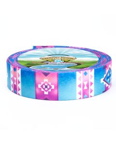 Blue webbing with pink and white colors, along with a geometric pattern