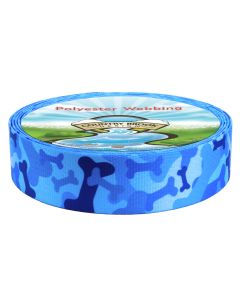 Blue webbing with dark blue bones, along with a camoflauge print