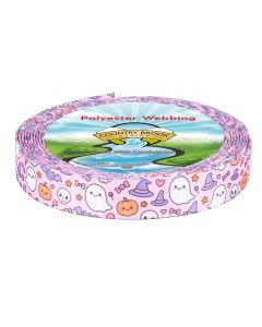 Pink webbing with blushing ghosts, smiling pumpkins, and tiny witch hats team up with candy, bats, and bows for a dreamy pink Halloween pattern that's equal parts spooky and sweet.