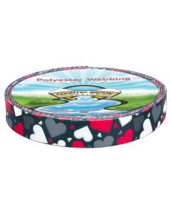 Black webbing with grey, red, and white hearts