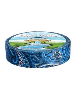 floral-like pattern, flowing lines, and dark blue paisleys on blue webbing