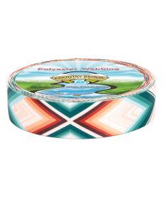 Different blues, cream colors, and dark brown arrows