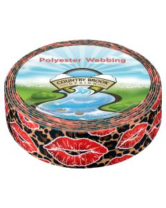 A roll of polyester webbing with a leopard print design background with kiss marks printed over it