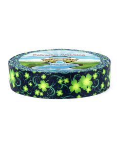 A roll of black polyester webbing with bright green four leaf clovers printed onto it