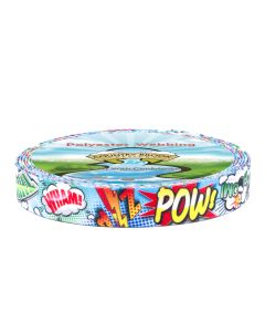Bright comic book theme with words like “WHAM!”, “POW!”, and “BOOM!” in bold, colorful fonts, complete with explosive graphics and comic-style effects on a blue background.