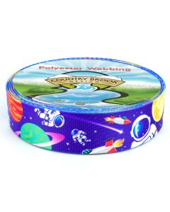 Blue webbing with planets, rockets, and astronauts 