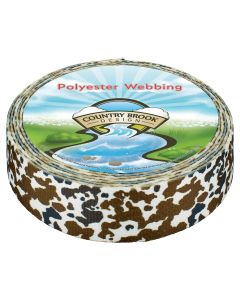 White polyester webbing with brown and black cow spots printed onto it