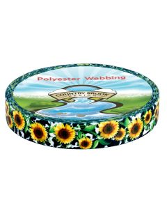 A roll of black and white cow print polyester webbing with sunflowers printed onto it