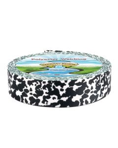 A roll of black and white cow print polyester webbing