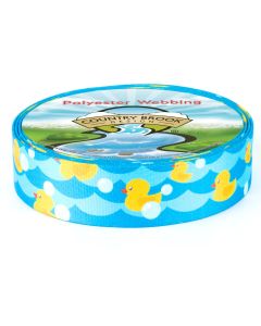 Roll of webbing with yellow rubber ducks floating along the waves with some bubbles floating around