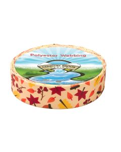 A roll of light orange polyester webbing with fall leaves, acorns, and berries printed onto it