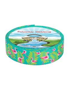 The webbing features a tropical flamingo pattern on a bright turquoise background.
