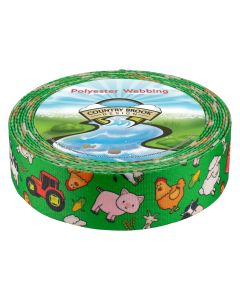 A roll of green polyester webbing with farm animals, tractors, farms, corn and wheat printed onto it