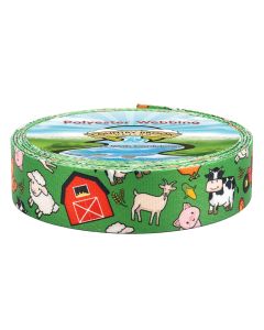 Roll of polyester webbing wtih adorable cows, goats, pigs, tractors and more are featured throughout, while the grassy green background contrasts against them