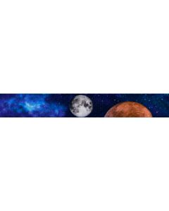 Polyester webbing with a dark night sky that has a galaxy, stars, moons, and planets printed onto it